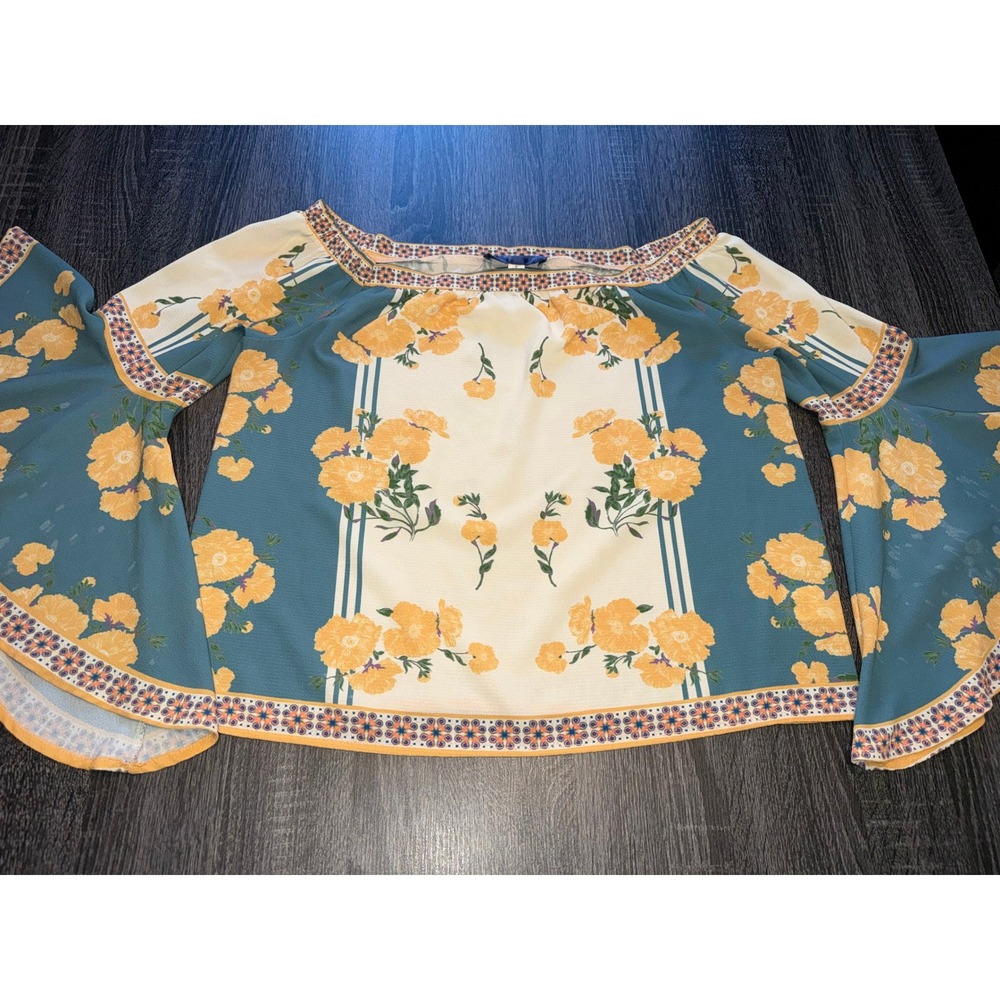 Blue Rain Floral Boho Kimono Top Yellow Blue Border Print Size‎ Small